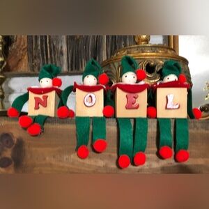 Vintage Christmas Wood Letter Block Elf Figures-Shelf Sitters